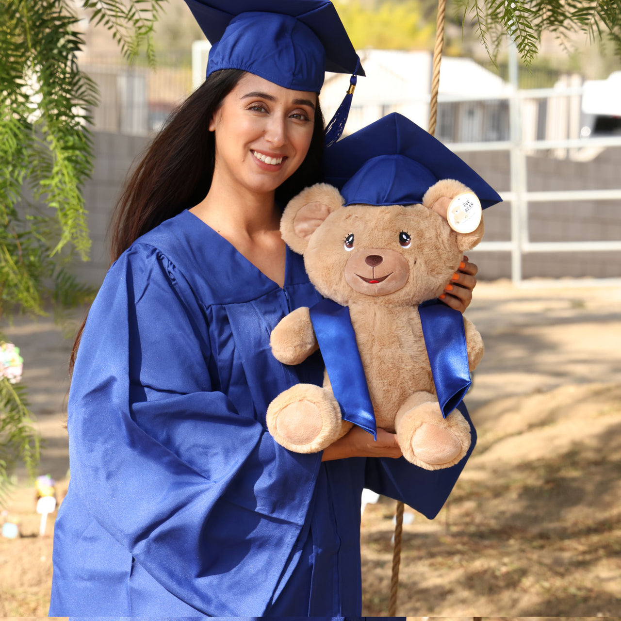 graduation bear plush with royal blue cap and gown
