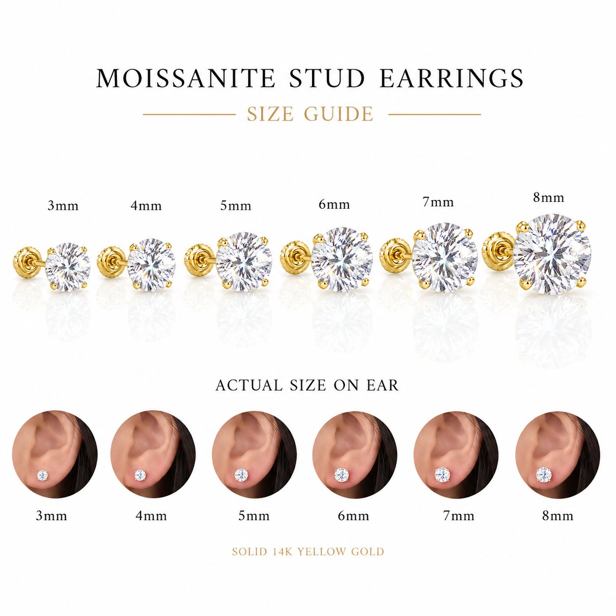 14k Yellow Gold Moissanite Stud Earrings 3mm 4mm 5mm 6mm 7mm 8mm