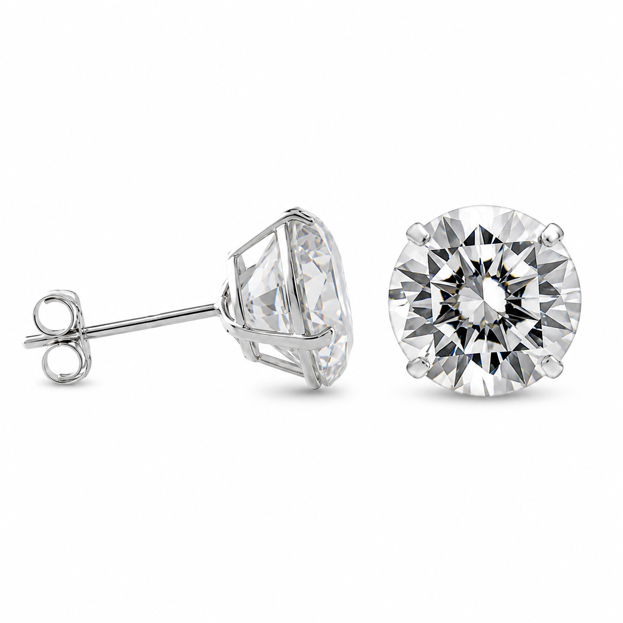 925 Sterling Silver Moissanite Stud Earrings – Rhodium Plated Round Cut Push Back