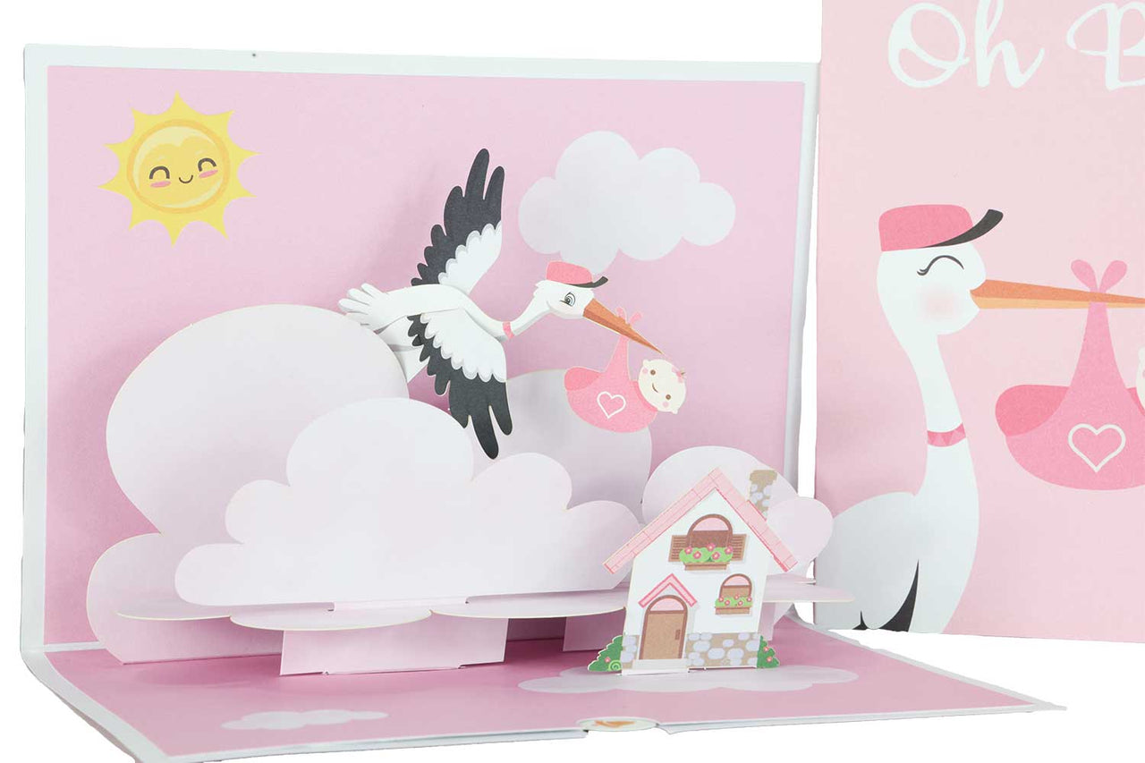 Close Up On Storks Delivering Baby Girl Pop Up Card