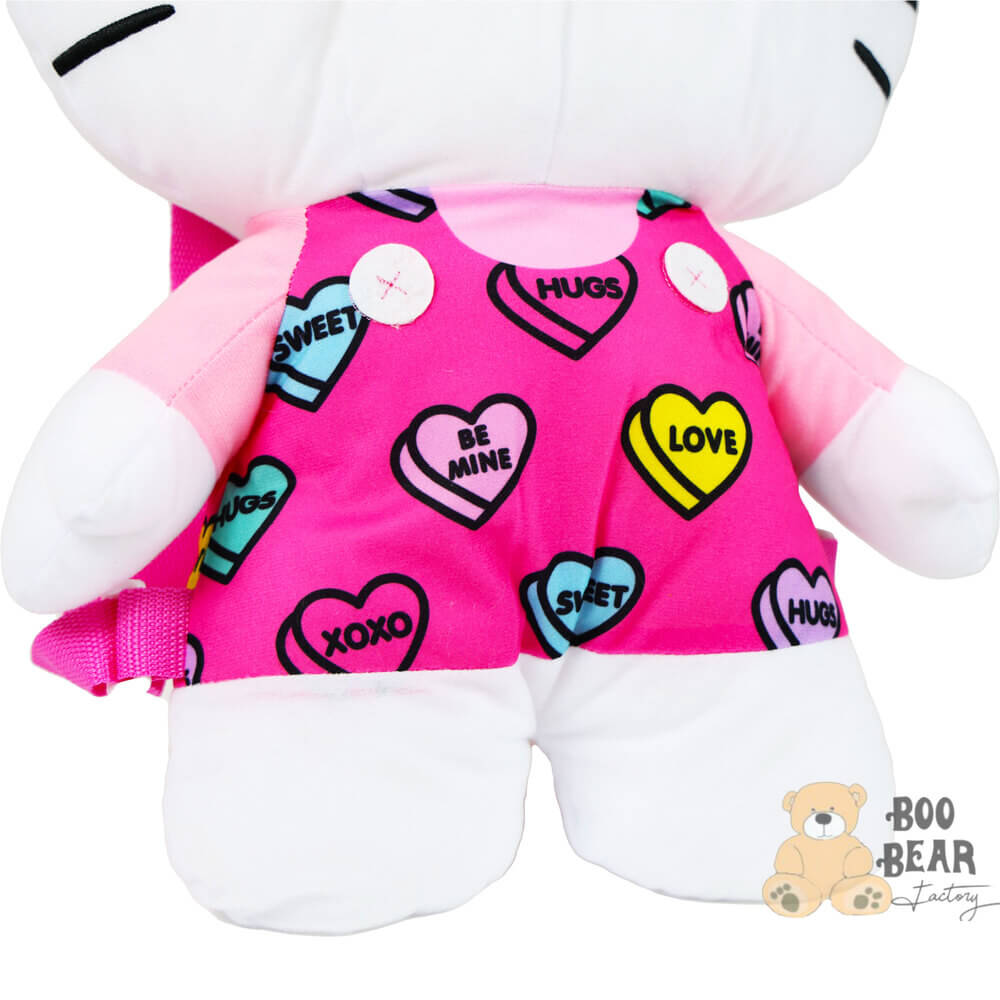 Hello Kitty Plush Backpack with Heart Shaped Prints Shirt Closeup