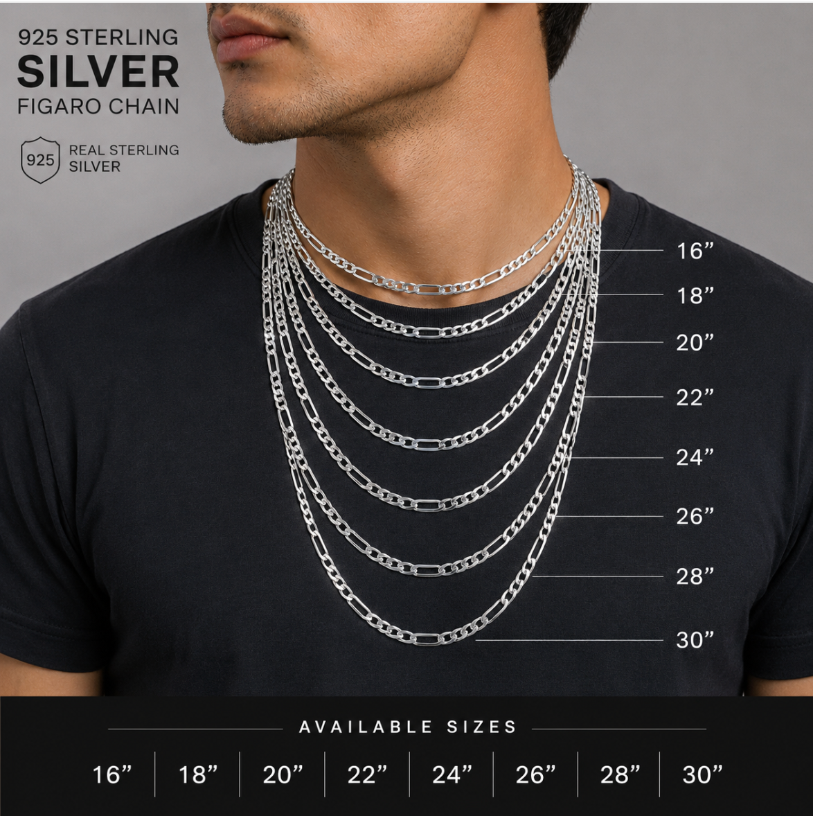 925 Sterling Silver Figaro Chain (7mm)